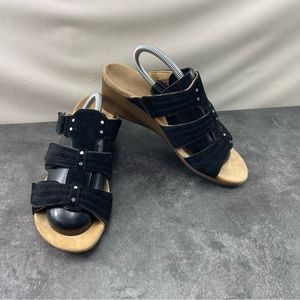 Vionic Corra Women’s shoes Black 7 M Suede Triple Straps Wedge Slip On Sandals